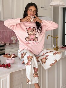SweetSlumber Women's Letter Cartoon Print Long Sleeve Top And Pants Casual Daily Home Sleepwear Set - Multicolor - View 4