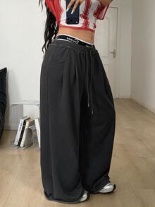 Coolane Plus Size Women's Drawstring Waist Pocket Wide Leg Loose Casual Long Pants Fall - Dark Grey - View 3
