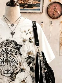 Collagica Collagica 女款圓領寬鬆休閒簡約風短袖上衣，適合日常休閒與度假穿著，最新時尚虎紋圖案T恤上衣 - 白色 - 查看 5