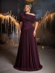 Glamrae Plus Size Elegant Romantic Asymmetrical Shoulder Ruched Sleeve Korean Style Full Skirt Evening Dress For Wedding, Single Party, Vacation, Holiday, Gathering, Music Festival, Graduation Season, Dinner - Red Violet - View 7