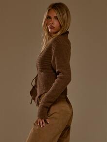 MUSERA Knitted Ribbed V Plunge Tie Front Cardigan Autumn Winter Fall Western Cowgirl Cute - Chocolate Brown - View 4