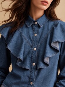 CielaLinda Women's Ruffle Denim Blouse, Denim Shirt Top, Feminine Ruffle Trim Top - Blue - View 3
