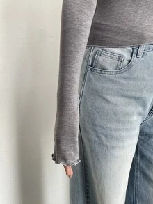 DAZY 女款露肩方領修身長袖極簡性感休閒內搭套頭優雅T恤 - 灰色 - 查看 6