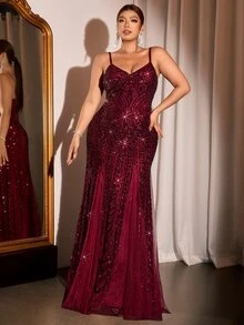 Cravure Đầm dạ tiệc size lớn đính sequin đuôi nàng tiên cá dây vai mảnh cho tiệc tùng - Màu Đỏ Sâu - Xem 5