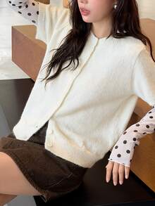 K-Vae Women's Solid Color Short Sleeve Single-Breasted Casual Knit Cardigan - Apricot - View 8
