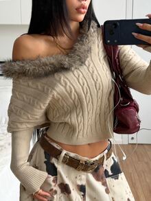 StreetHx Women's Loose Casual Cable Knit Heavy Collar Patchwork Pullover Sweater For Daily Commute - Khaki - View 1