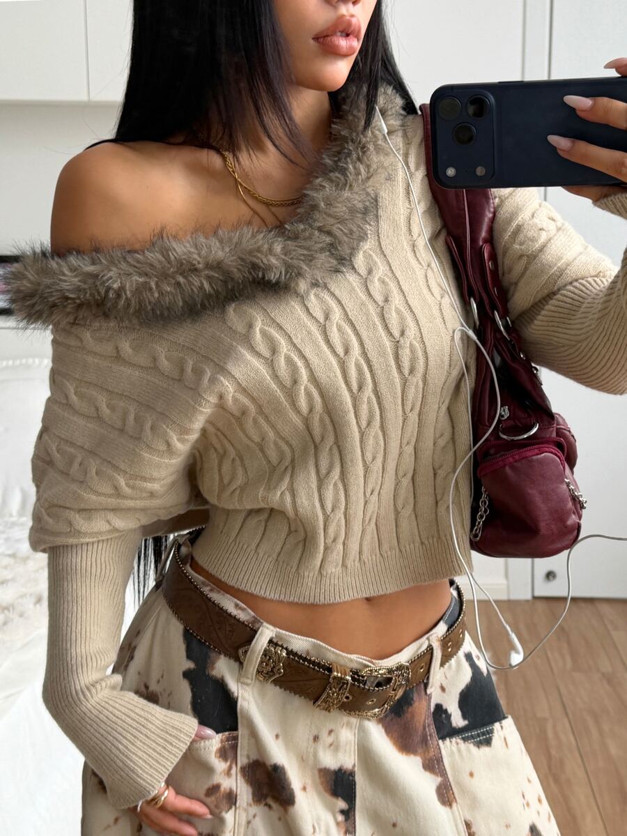 StreetHx Women's Loose Casual Cable Knit Heavy Collar Patchwork Pullover Sweater For Daily Commute - Khaki - View 1