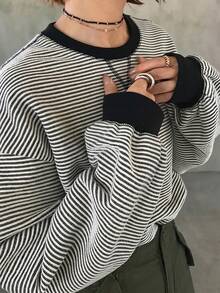 FRIFUL 女款圓領條紋長袖休閒T恤 - 黑與白 - 查看 1