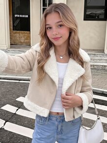 SHEIN 青少年女孩秋冬休閒街頭時尚酷感機車麂皮抓絨複合加厚翻領拉鍊夾克外套，附口袋，適合返校與日常穿著 - 卡其色 - 查看 3