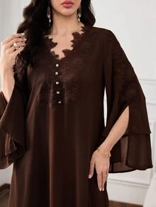 Al Najma Women's Button Decor Lace Solid Color Loose Arabian Dress - Coffee Brown - View 7