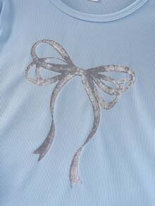 Girls' Light Blue Bow Print Long Sleeve Top And Full Bow Print Contrast Trim Long Pants Loungewear Set - Multicolor - View 6