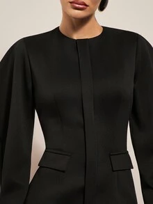 Hauture Premium Commuter Suit Mini Dress, Round Neck Petal Sleeve Faux Placket Lace Patchwork Waist-Cinching Dress - Black - View 4