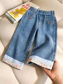 SHEIN 1pc Girls Casual Preppy Denim Straight Leg Floral Pants - Blue - View 9