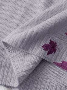 Linhara Plus Size Maple Leaf Pattern Crew Neck Casual Long Sleeve Pullover Sweater Fall Winter - Dusty Purple - View 5