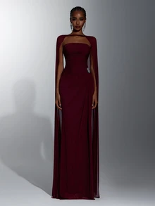 Elitara Elegant Burgundy Knit Mesh Strapless Ruched Waist Bodycon Long Dress With Detachable Strapless Drape, Suitable For Date, Single Party, Wedding, Event, Evening Banquet, Bridesmaid Dress - Burgundy - View 6