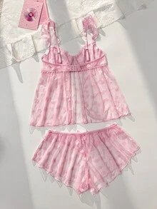 PetitDoll Sexy Sweet Lace Bra And Bow Decor Triangle Panty Lingerie Set - Pink - View 2