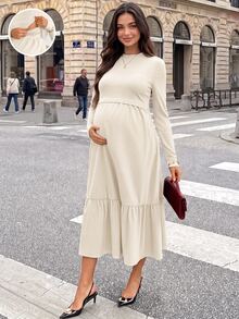 SHEIN Nursing Long Sleeve Minimalist Pleated Dress - Apricot - View 2