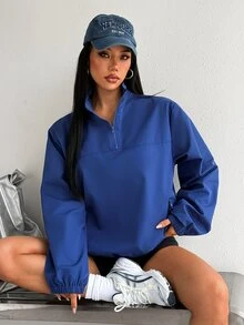 SHEIN Dewbera Women's Fashion Casual Solid Color Half-Zip Pocket Windbreaker Jacket - Navy Blue - View 1
