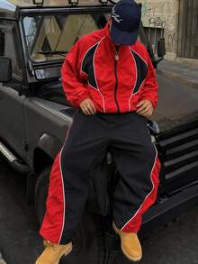 SHEIN Teen Boys Casual Comfortable Versatile Colorblock Stand Collar Jacket & Long Pants Set - Multicolor - View 7