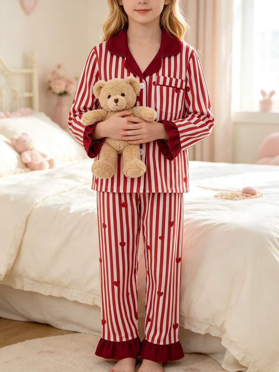 SHEIN Young Girl Striped Long Sleeve Top And Pants Casual Daily Home Sleepwear Set - Multicolor - View 1