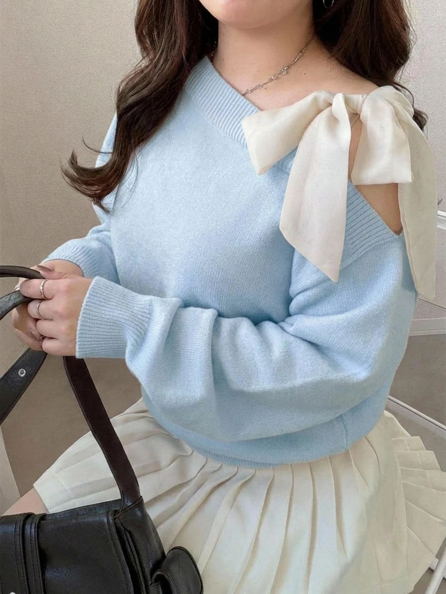 Dazy Plus Contrast Color Cold Shoulder Drop Shoulder Long Sleeve Bowknot Loose Casual Versatile Pullover Sweater Spring Autumn New Arrival - Baby Blue - View 1