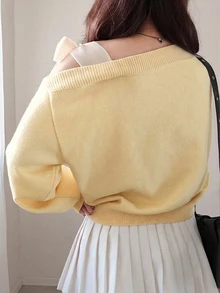 Dazy Plus Contrast Color Cold Shoulder Dropped Shoulder Long Sleeve Bowknot Loose Casual Versatile Pullover Sweater, Spring/Autumn New Arrival - Pale Yellow - View 4