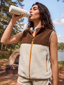 Exploreva Exploreva Women's Fashion Colorblock Outdoor Fleece Vest - Brown - View 7