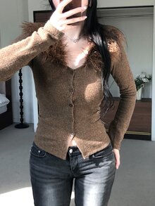 DAZY Women's Solid Color Fur Collar Patchwork Elegant Cardigan - Grey - View 6