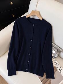 SHEIN CURVE+ Plain Casual Long Sleeve Plus Size Cardigan In Fall/Winter - Navy Blue - View 4