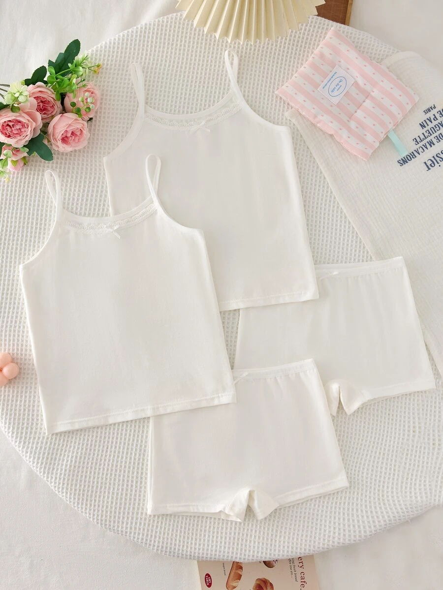 2 Set Pakaian Dalam Anak Perempuan, Model Dasar Manis Minimalis dengan Hiasan Renda Berwarna-warni, Model Camisole & Celana Dalam dengan Hiasan Renda, Pakaian Dalam Wanita - Putih - View 1