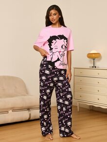 Betty Boop x SHEIN Women's Cartoon Print Short Sleeve Top And Long Pants Casual Daily Home Pajama Set - Pink - View 6
