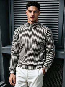 TONEVAULT Men's Striped Raglan Long Sleeve Zip Half-Placket Casual Sweatshirt - White - View 1