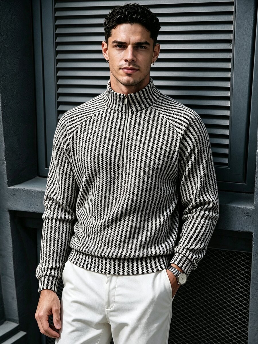TONEVAULT Men's Striped Raglan Long Sleeve Zip Half-Placket Casual Sweatshirt - White - View 1