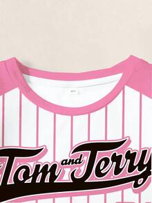 TOM & JERRY X SHEIN Tween Girl Letter Cartoon Print Casual Daily Short Sleeve T-Shirt - White - View 3