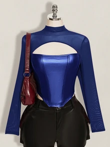 SHEIN ICON 女款大尺碼秋冬皮革拼接網布黑色修身T恤 - 寶藍色 - 查看 1