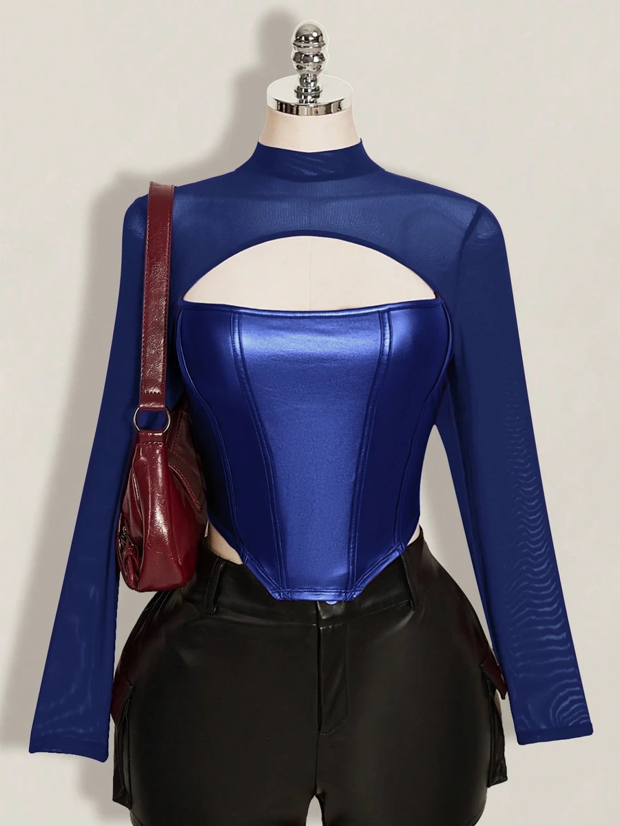 SHEIN ICON 女款大尺碼秋冬皮革拼接網布黑色修身T恤 - 寶藍色 - 查看 1