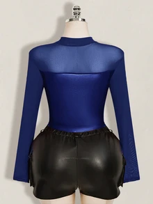 SHEIN ICON 女款大尺碼秋冬皮革拼接網布黑色修身T恤 - 寶藍色 - 查看 2