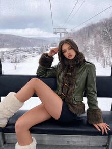 SHEIN ICON Women's Fashion Faux Fur Long Sleeve Jacket With Horn Button Placket - Army Green - View 4