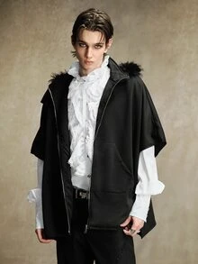 ROMWE MEN Men's Solid Color Zipper Front Pocket Patchwork Fur Hooded Cape Jacket - Black - View 5