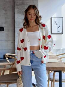 SHEIN Petite Size Heart Print Detailed With Front Button Casual Long Sleeve Cardigan - White - View 2