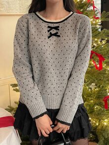 DAZY 女款秋冬拼色波點寬鬆毛衣 - 灰色 - 查看 3