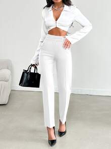 SHEIN Plus Women's Solid Color Button Front Pocket Casual Elegant Business Casual Long Pants Formal Office White - White - View 5