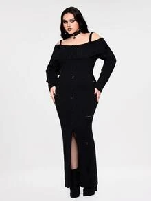 ROMWE Plus Size Gothic Dark Distressed Fitted Cold Shoulder Sweater Dress - Black - View 6