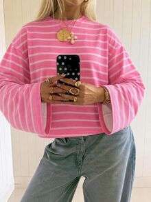 SHEIN EZwear 女款休閒寬鬆長袖條紋T恤，秋冬女裝 - 彩色 - 查看 7