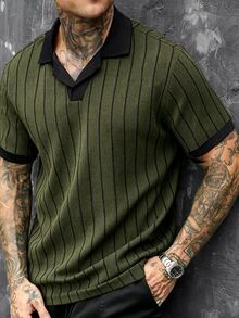 SLATEMANN 男士條紋短袖休閒通勤 Polo 衫 - 軍綠色 - 查看 5