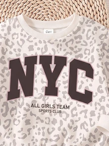杏色時尚豹紋運動風拼色 NYC 字母圖案女童休閒套裝，柔軟舒適寬鬆圓領套頭衛衣＋緊身褲 2 件組，適合秋冬日常、街頭、開學季，美式高街甜酷慵懶休閒風 - 彩色 - 查看 7