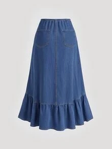 Sweetra Women's Pleated Ruffle Casual Versatile Daily Wear Denim Skirt - Blue - View 2