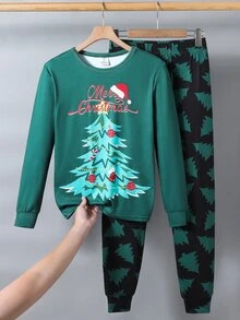 SHEIN 青少年男孩休閒舒適百搭聖誕風格印花長袖上衣與長褲套裝，修身版型睡衣套裝 - 彩色 - 查看 8