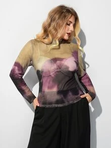 Maija Plus Size Women's High Neck Long Sleeve Tie-Dye Top - Multicolor - View 3