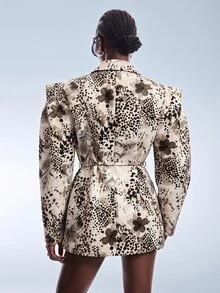 Aveloria GENKIRA 秋冬米色與黑色對比動物豹紋混搭花卉蝴蝶蘭圖案女款西裝外套，寬肩廓形結構剪裁，極簡設計，收腰附可調節繫帶腰帶，休閒通勤百搭混搭，Y2K派對風 - 彩色 - 查看 2